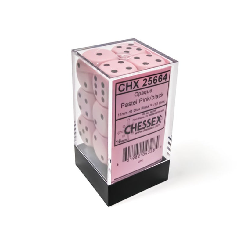 Chessex Dice: 16mm D6 Opaque Pastel Pink/Black (12ct)