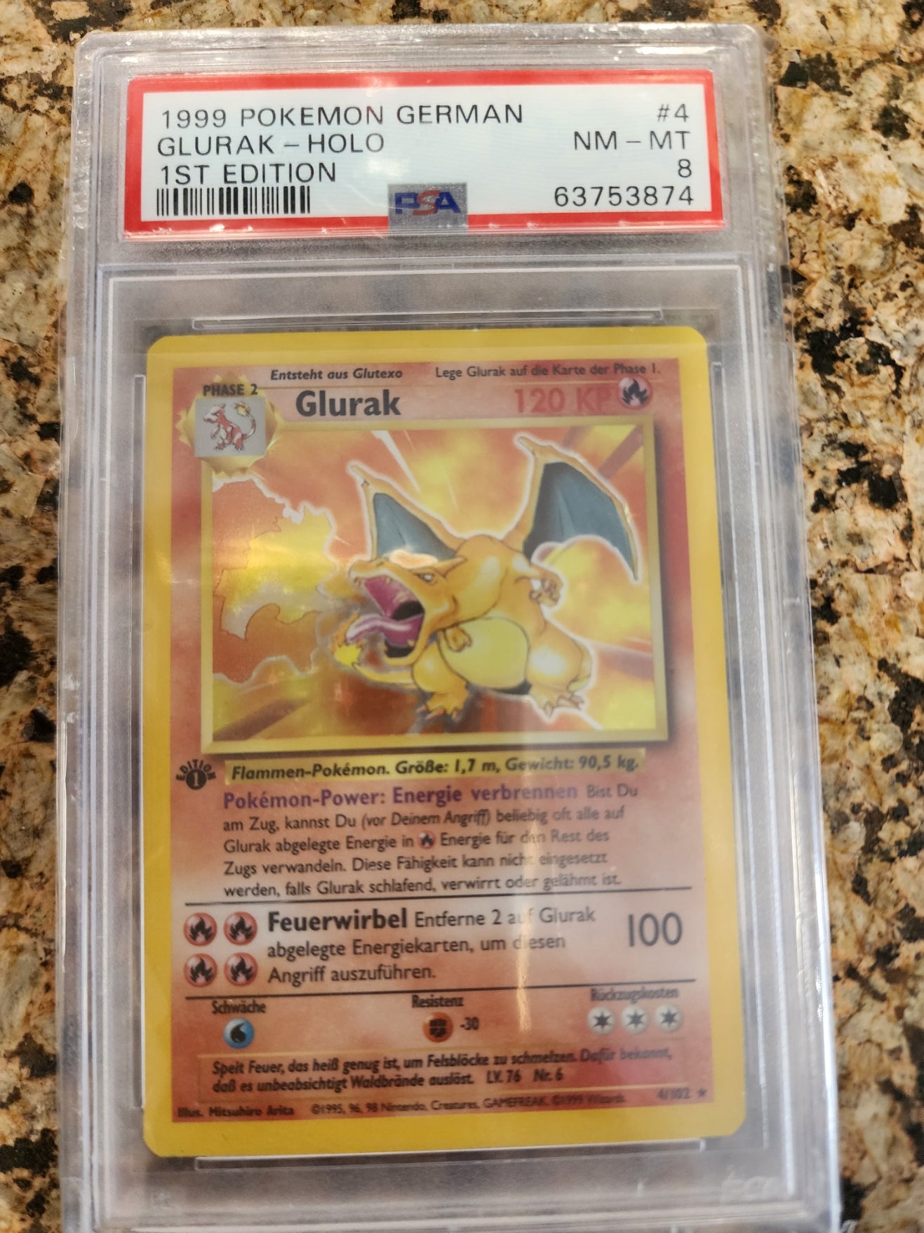 Carte Pokémon CHARIZARD 1ère Édition Holo PSA 9 - Set De Base 4/102, Version Allemande (GLURAK)