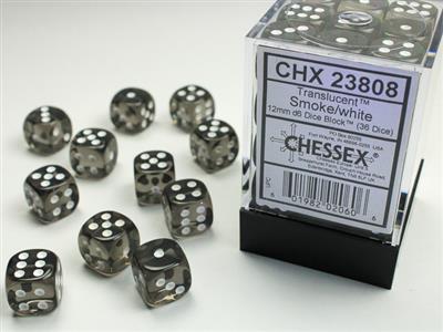 Chessex: Translucent Smoke/White 12mm D6 Dice (36 Block)