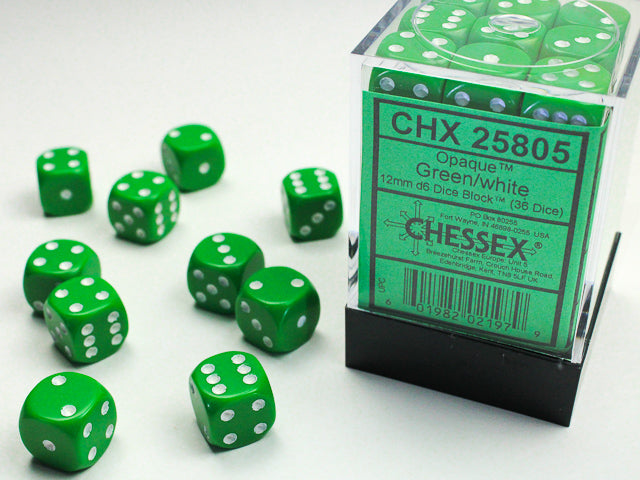 Chessex: 12mm Opaque Green/White D6 Set