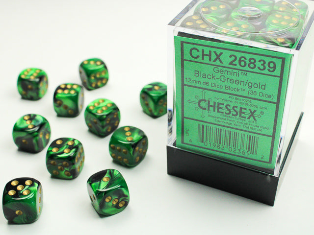 Chessex: 12mm Gemini Black-Green/Gold D6 Set