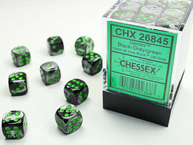 Chessex: 12mm Gemini Black-Grey/Green D6 Set