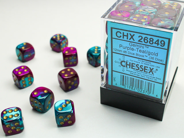 Gemini Purple-Teal/gold 12mm d6 Dice Block (36 dice)