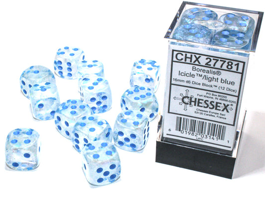 Borealis Icicle/Light Blue 16mm d6 Dice Block (12 dice)