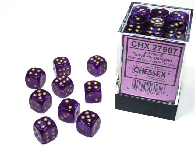 Chessex: 12mm Borealis Royal Purple/Gold D6 Set