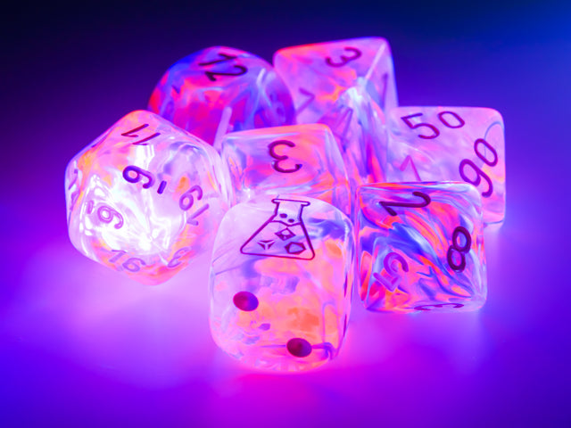 Lab Dice 6 Lustrous: Poly Black Light Special/White 7 Die Set w/ Bonus Die