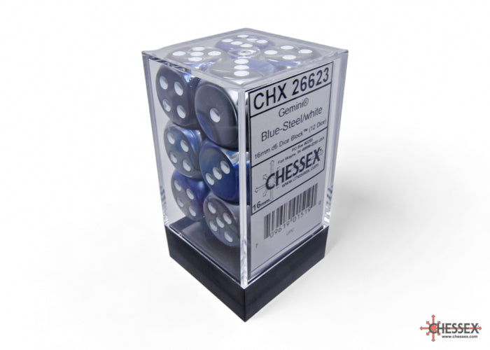 Chessex: 16mm Gemini Blue-Steel/White D6 Set