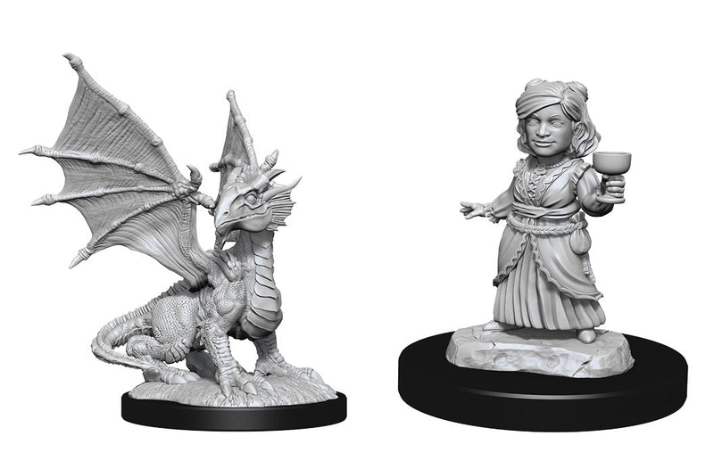 WizKids Nolzur's Marvelous Miniatures: Unpainted Miniatures: Silver Dragon Wyrmling & Female Halfling